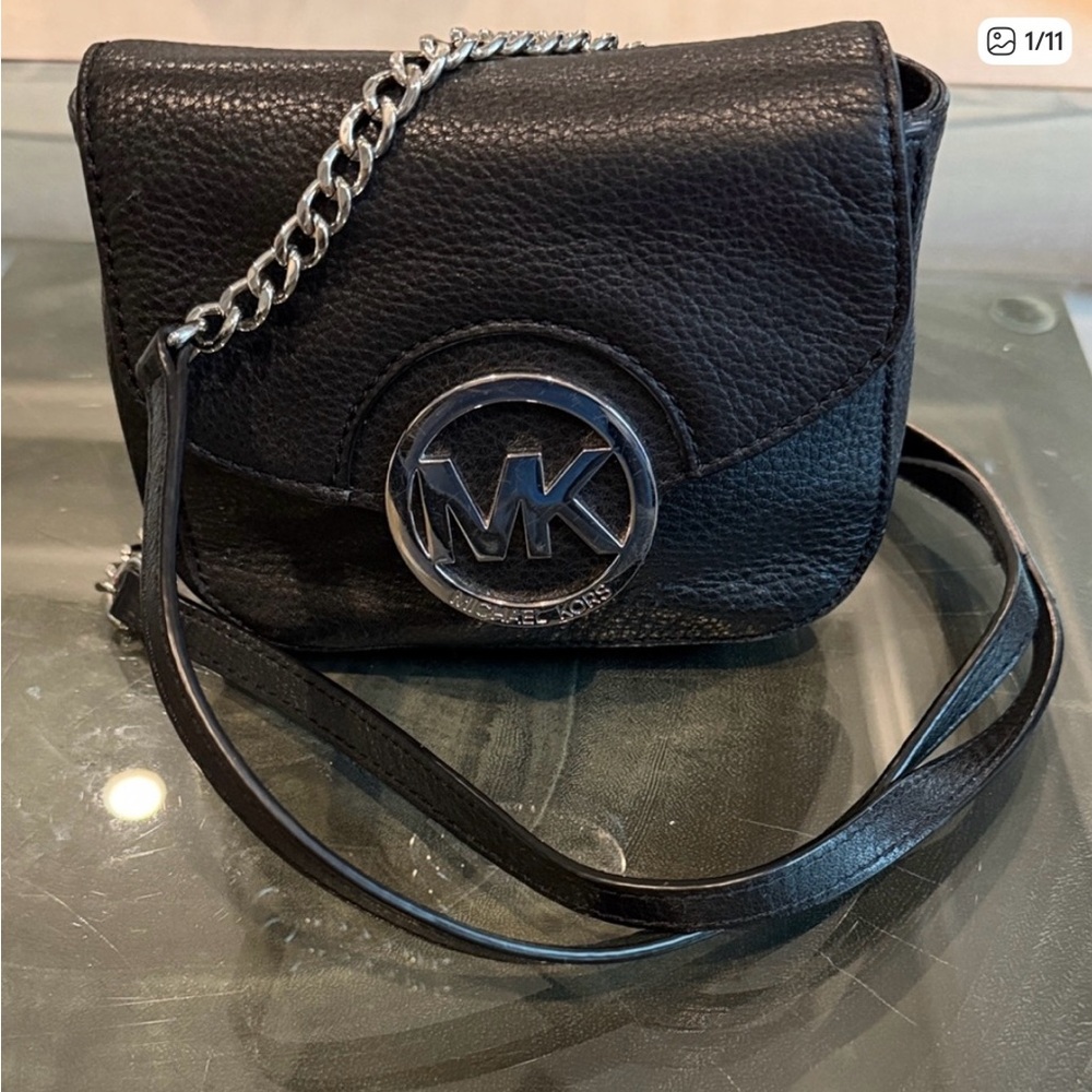 Michael Kors Black Pebbled Leather Crossbody with Silver MK Medallion